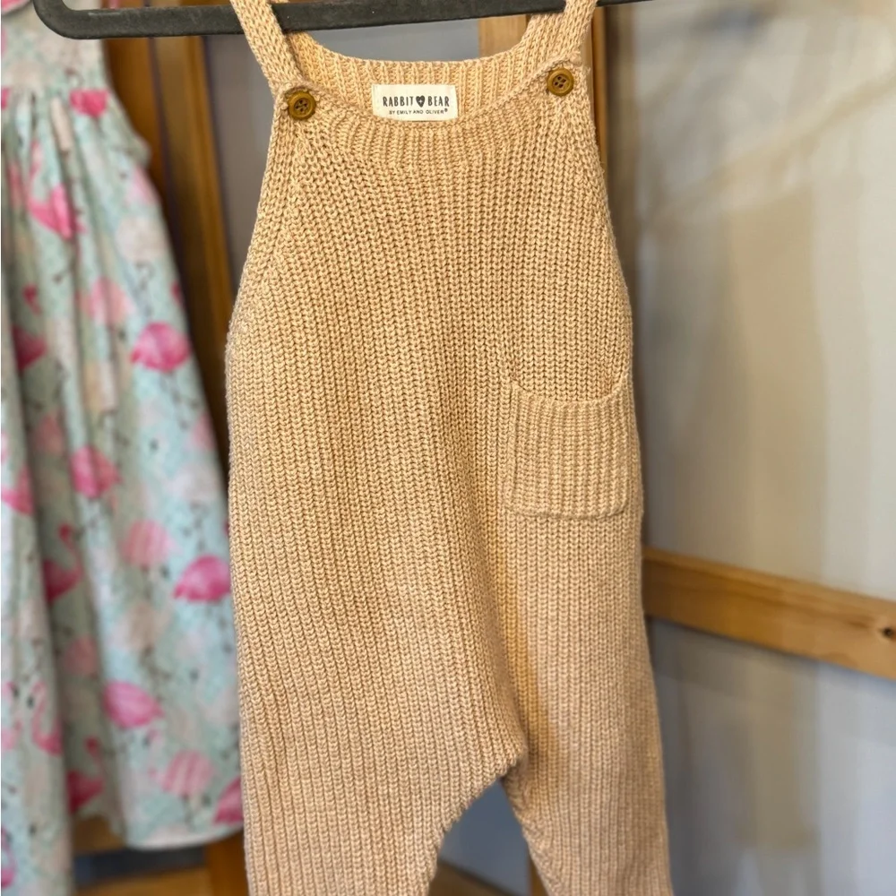 Rabbit + Bear Knit Baby Overalls – Tan Ribbed Romper 6–12M - Picture 2 of 7